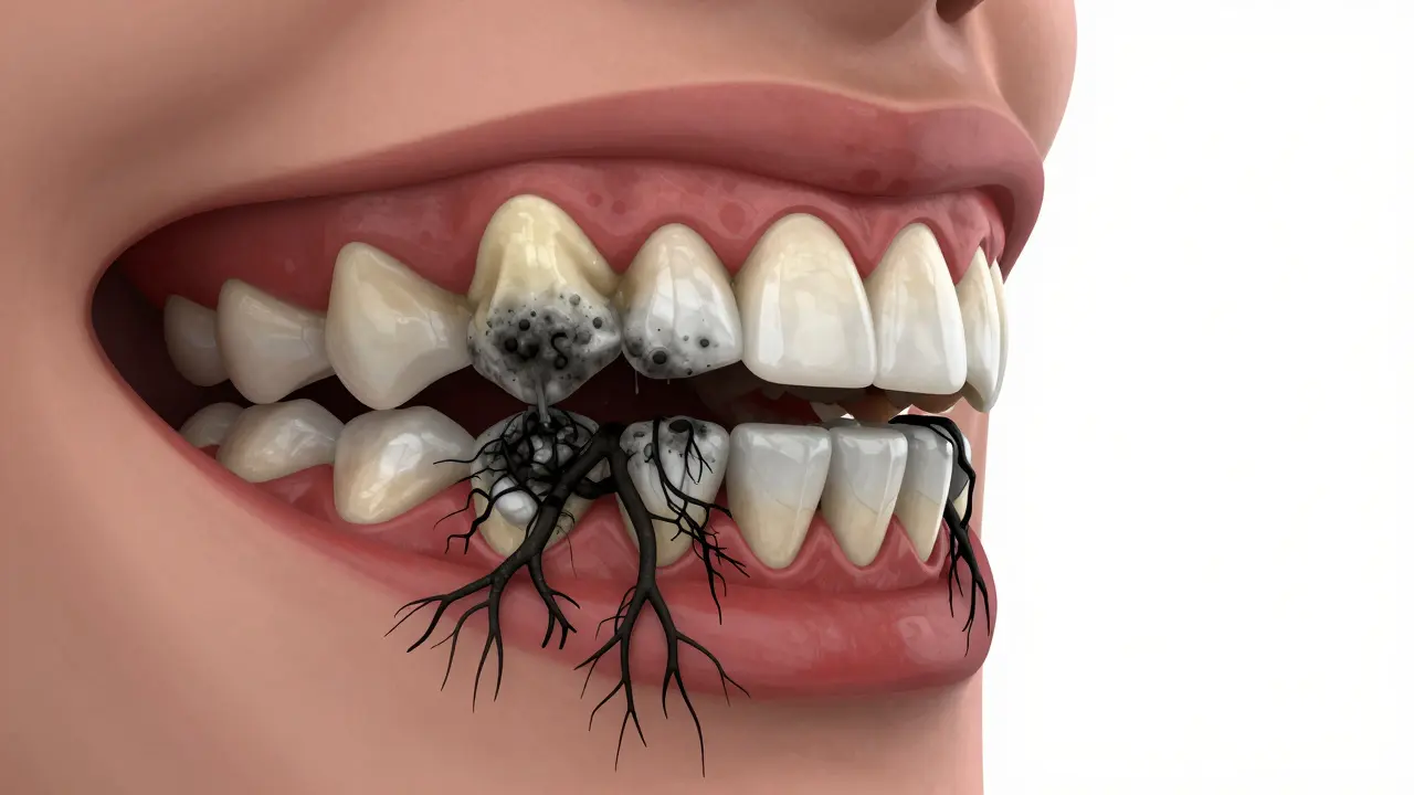 Konceptuální ilustrace zánětu dásní a destrukce kostní tkáně vlivem černého kamene.