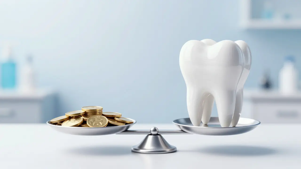 Konceptuální obraz vyvažování ceny a kvality při opravě zubu.