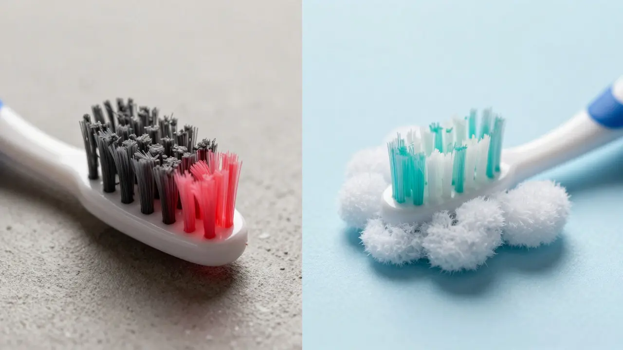 Konceptuální srovnání drsného nylonového kartáčku a jemných vláken Curen.