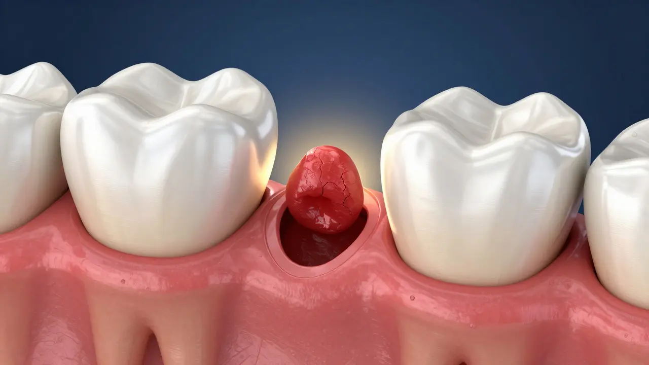 Konceptuální zobrazení krevní sraženiny v dásni během procesu hojení.