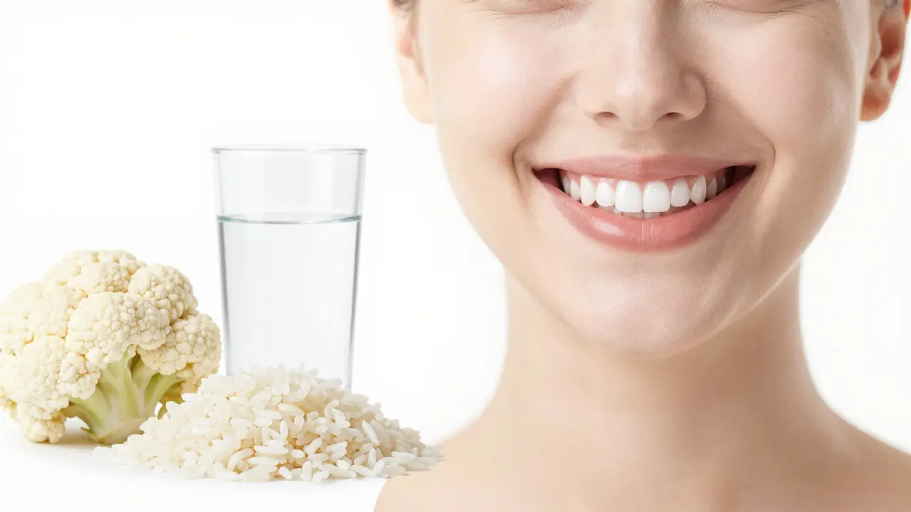 Krásný úsměv s bílými zuby a prvky bílé stravy.