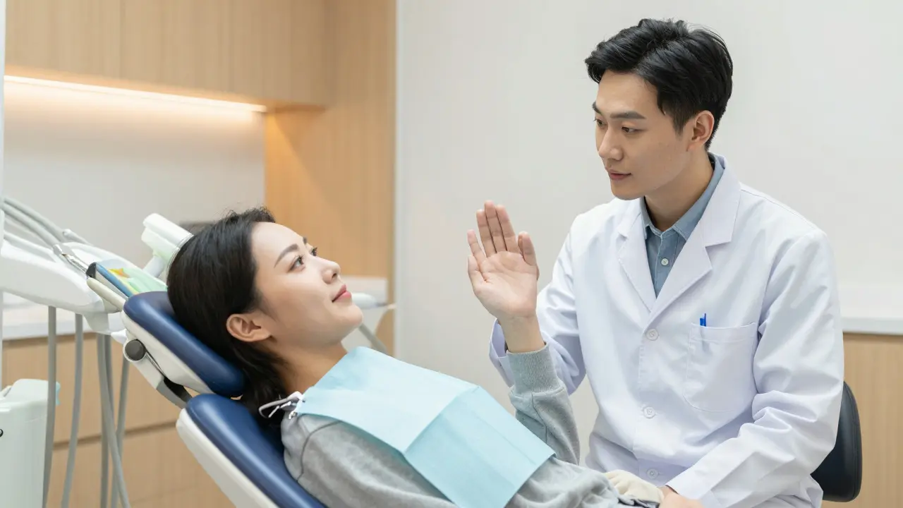 Pacient a dentist v moderní ordinaci komunikující pomocí domluveného signálu rukou.