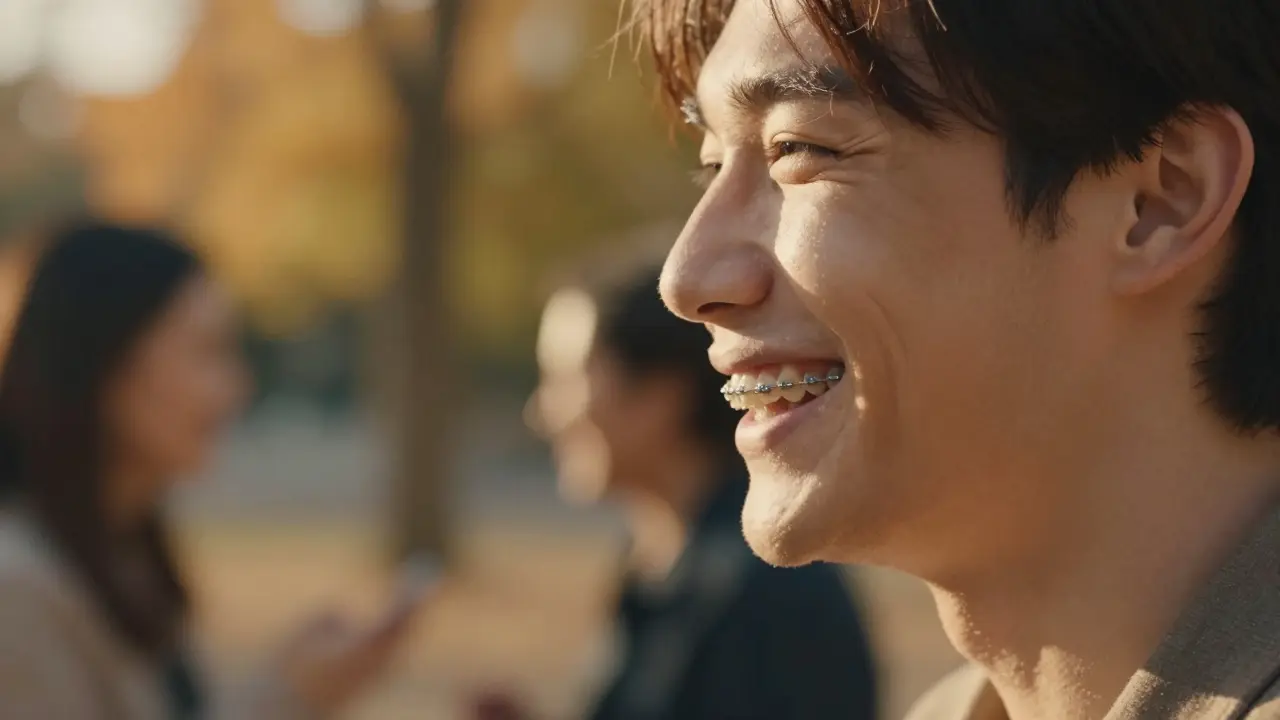 Profil smějícího se člověka s téměř neviditelným keramickým aparátem.