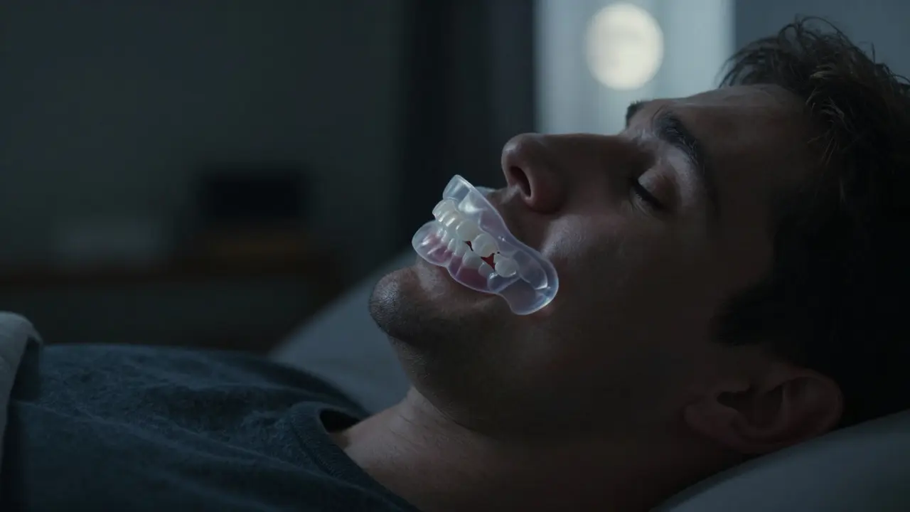 Profil spící osoby s napnutou čelistí a znázorněním ochranné dlahy.
