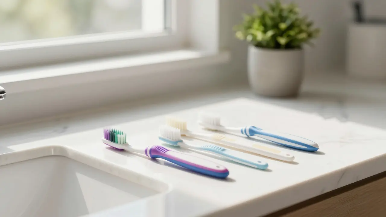 Sada kartáčků Curaprox včetně mezizubních a Single kartáčku v moderní koupelně.