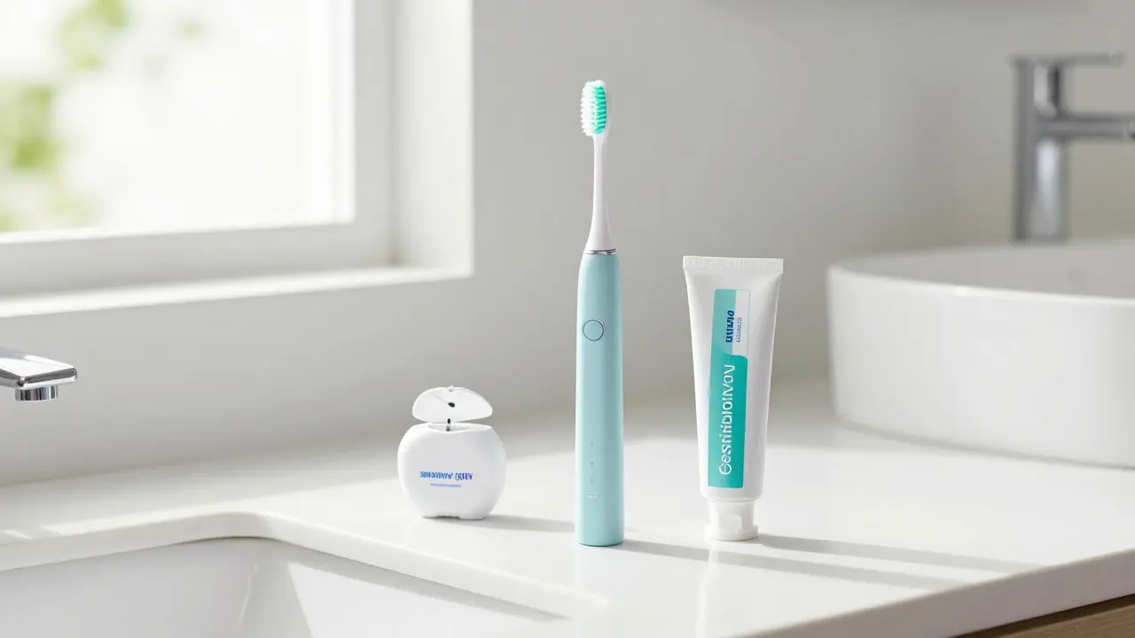 Sada pomůcek pro dentální hygienu včetně elektrického kartáčku a nitě.