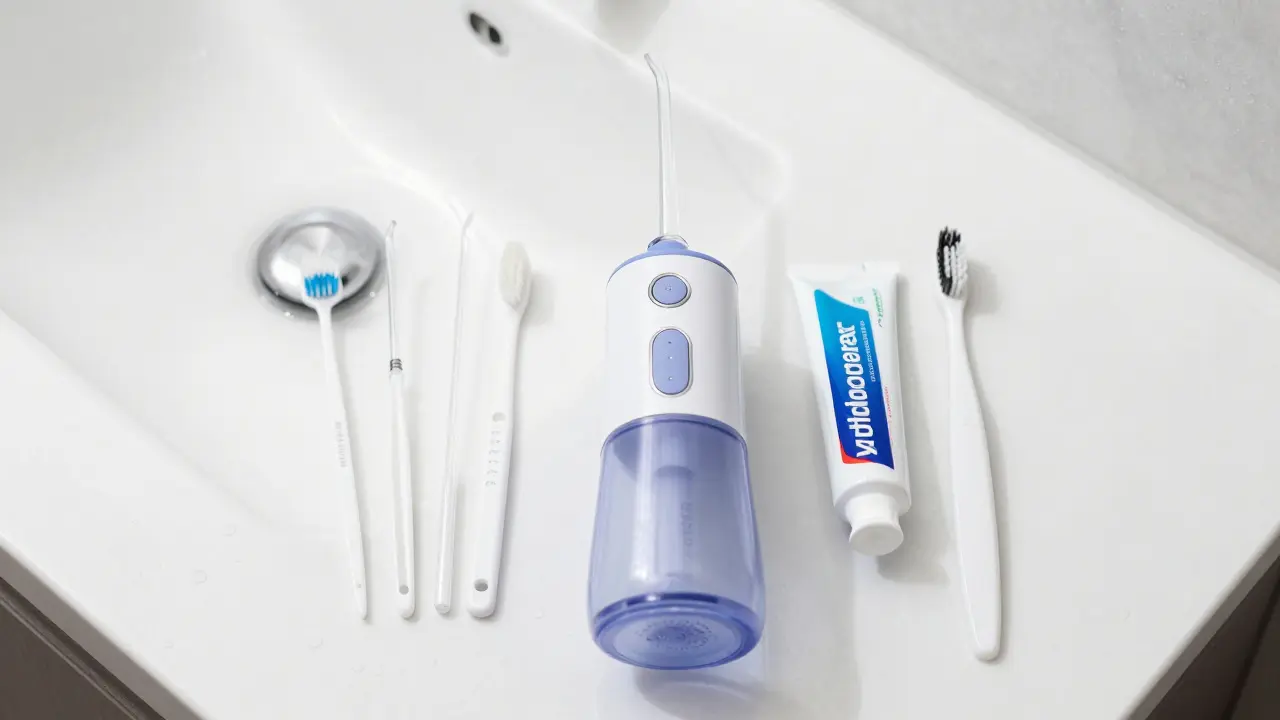 Sada pro hygienu zubů s irigátorem a mežizubními kartáčky na bílém povrchu.