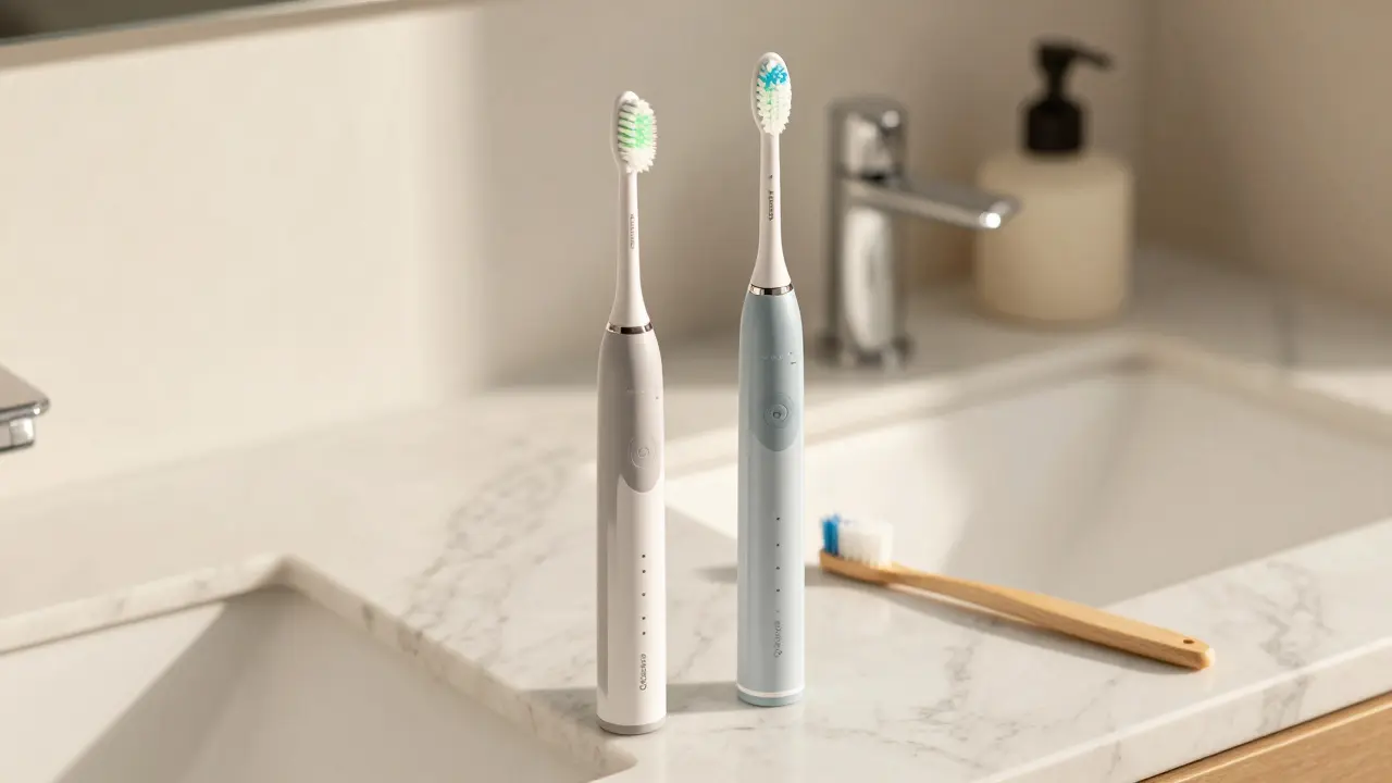 Sonický a oscilační kartáček s jemnými štětinami na mramorovém povrchu