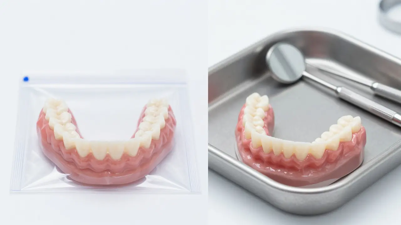 Srovnání levné plastové sady zubů z internetu a profesionální protézy v klinickém prostředí.