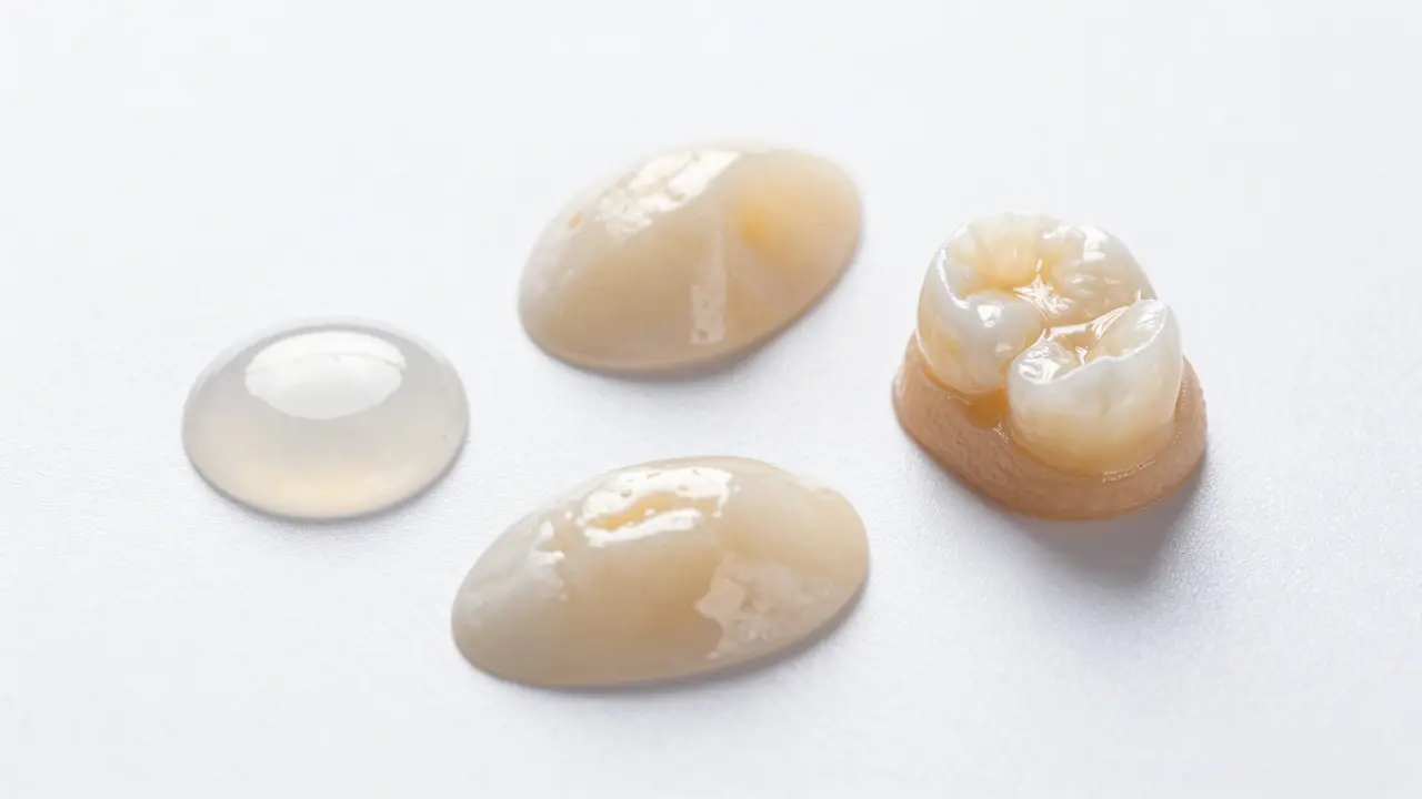 Srovnání materiálů pro opravu zubů: kompozit, keramická facetka a korunka.