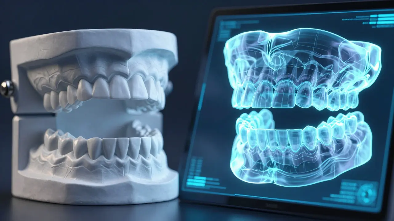 Srovnání tradičního sádrového modelu zubů a moderního 3D digitálního skenu.