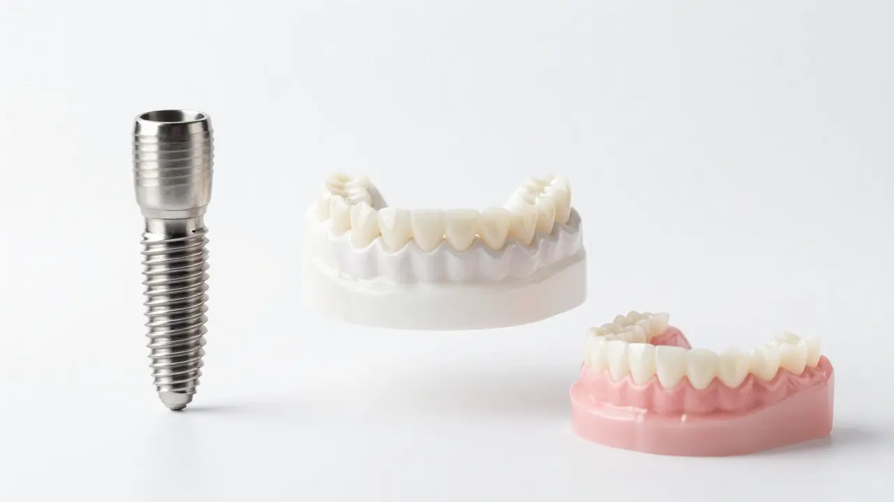 Srovnání tří metod náhrady zubů: implantát, zubní most a dojemky.