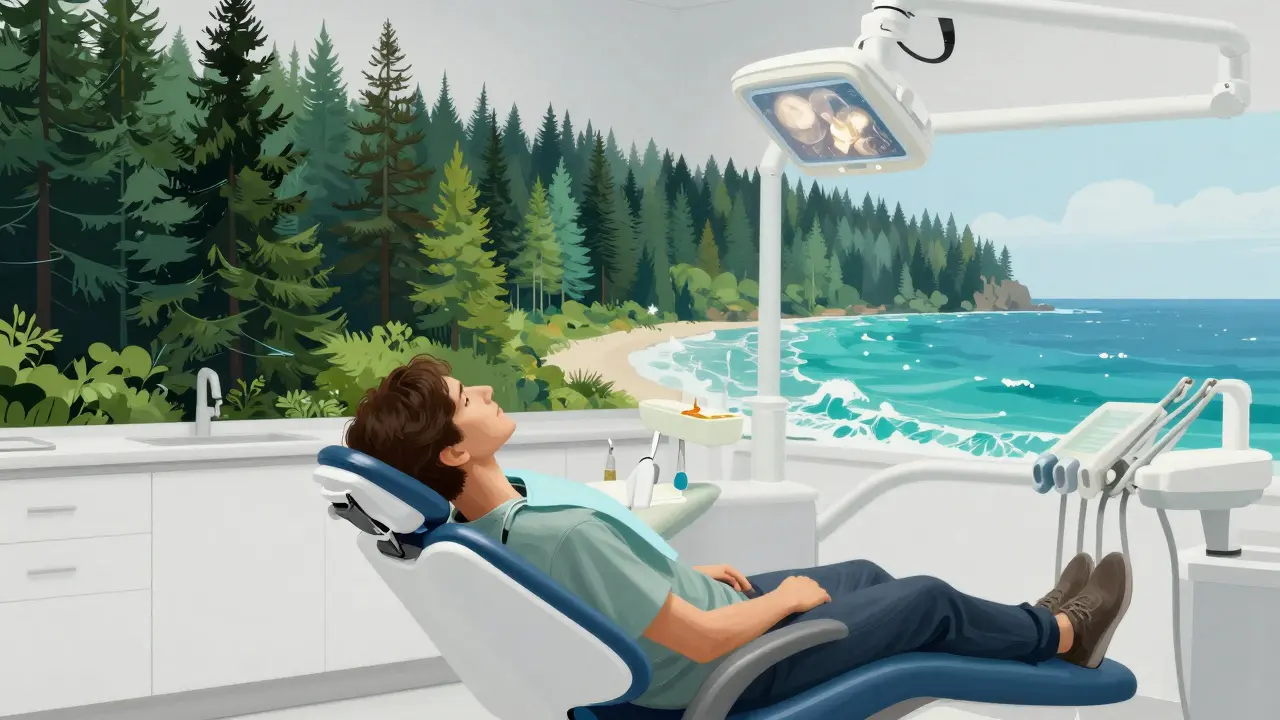 Umělecké znázornění vizualizace přírody pro překonání strachu v zubařském křesle.
