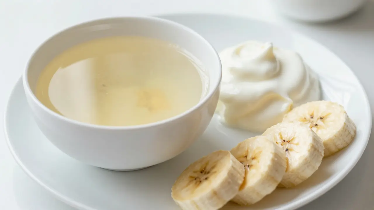 Zdravá a měkká strava skládající se z vývaru, jogurtu a banánů pro pacienty po zákroku.