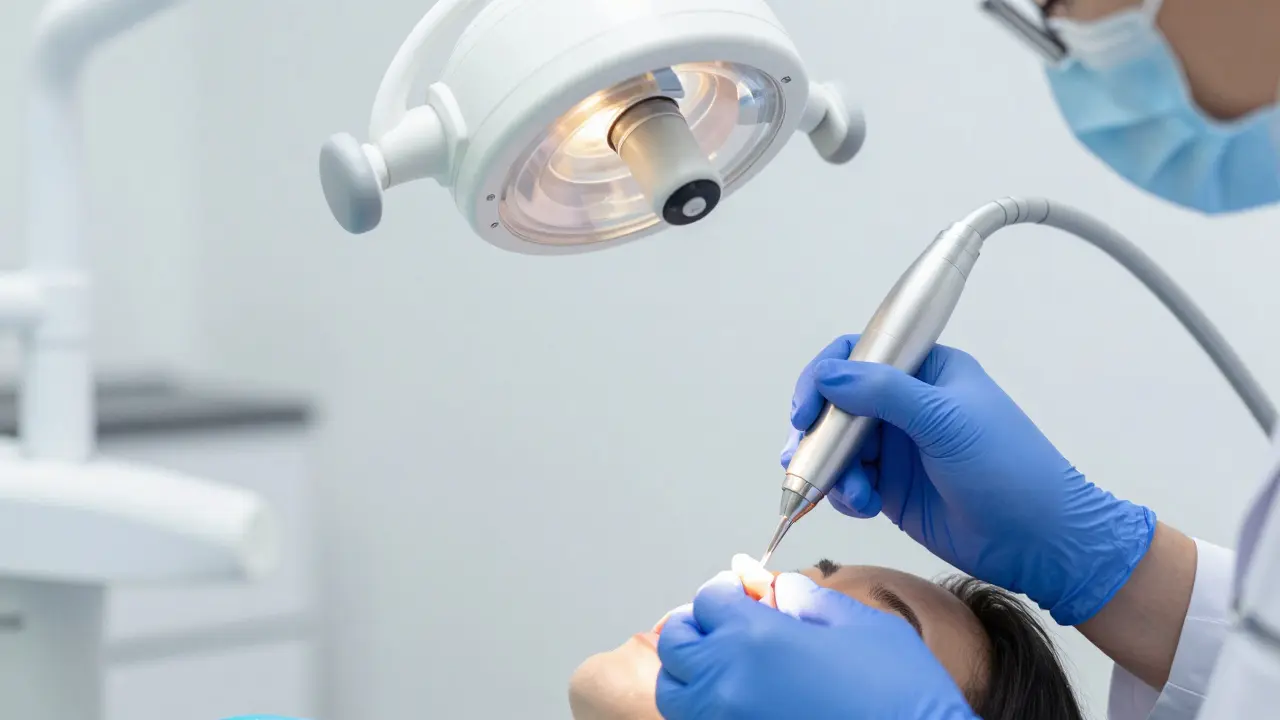 Zubař používající UV lampu k fixaci bondingové výplně v zubech.