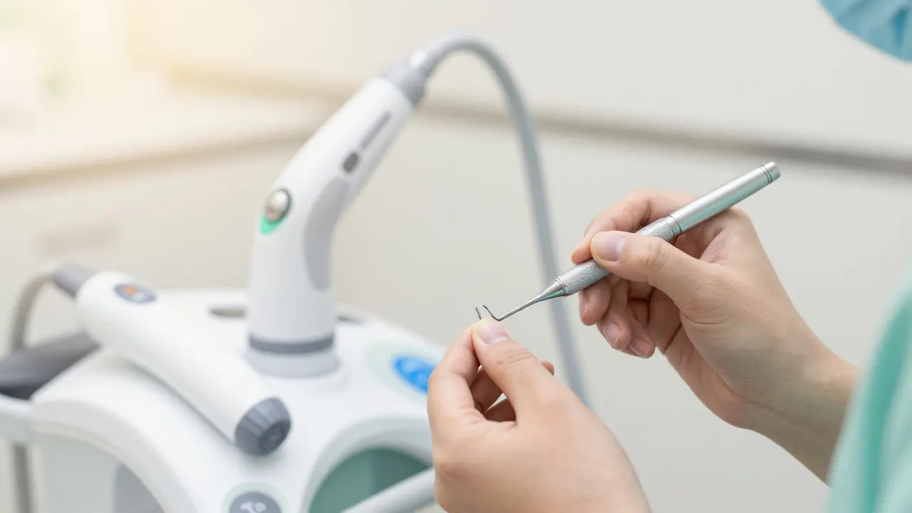 Zubní hygienik provádí hloubkové čištění zubů pomocí profesionálního nástroje.