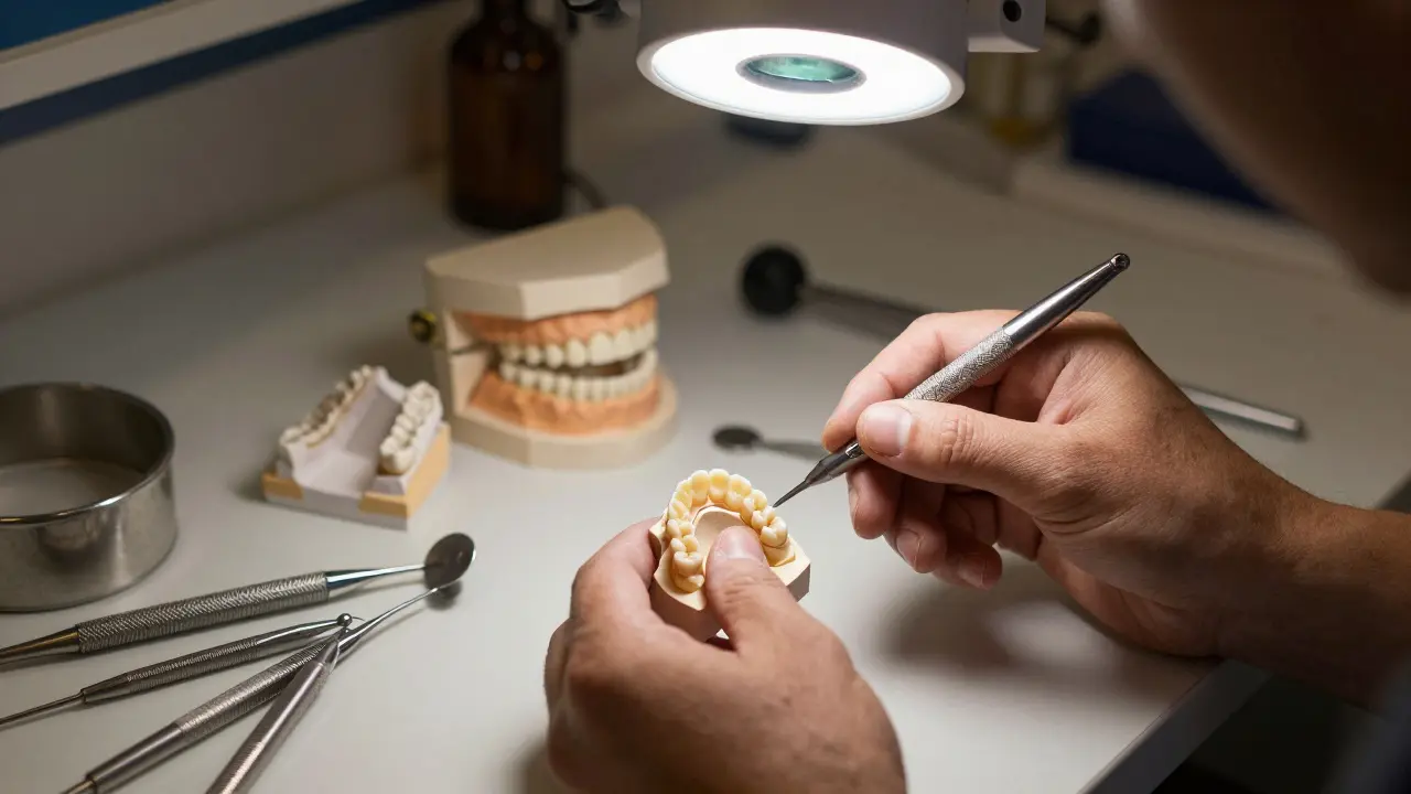 Zubní technik v laboratoři dokončuje precizní keramickou korunku.