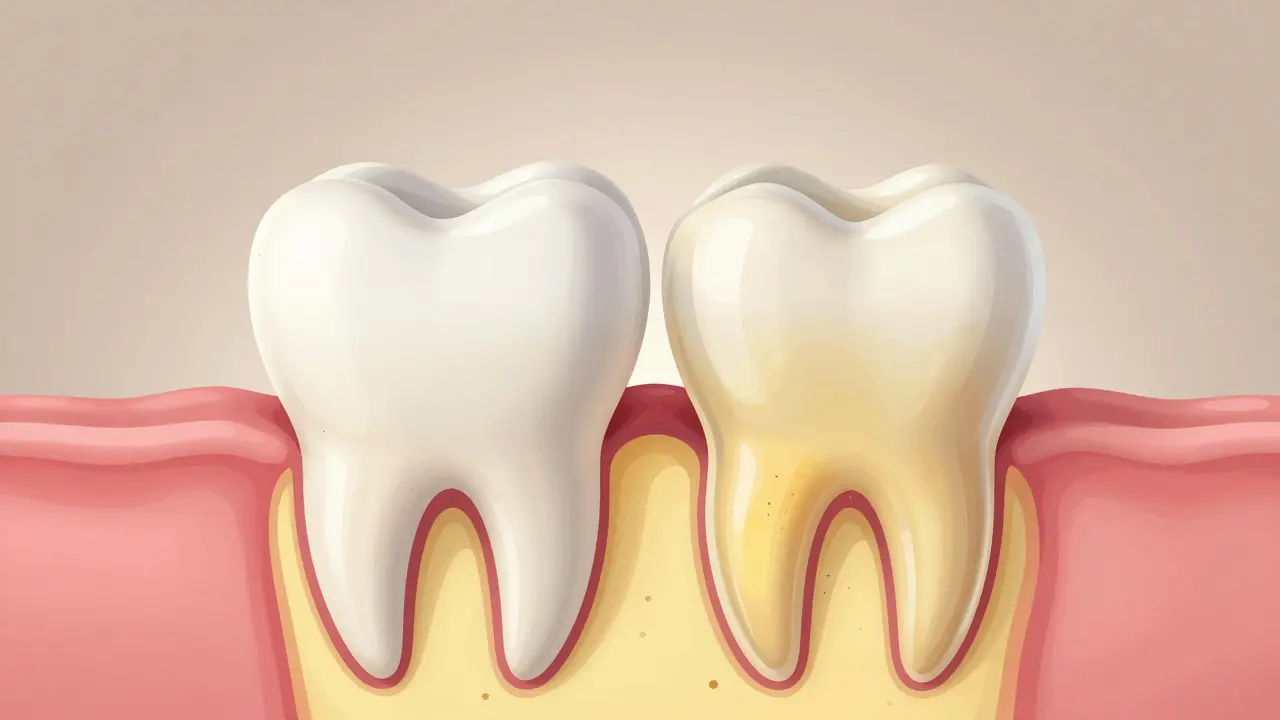 Anatomický průřez zubem ukazující tenkou sklovinu a prosvítající žlutý dentin u staršího zubu.