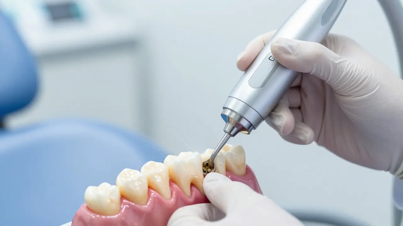 Dentista provádí ultrazvukovou kyretáž zubů špičkovou technikou