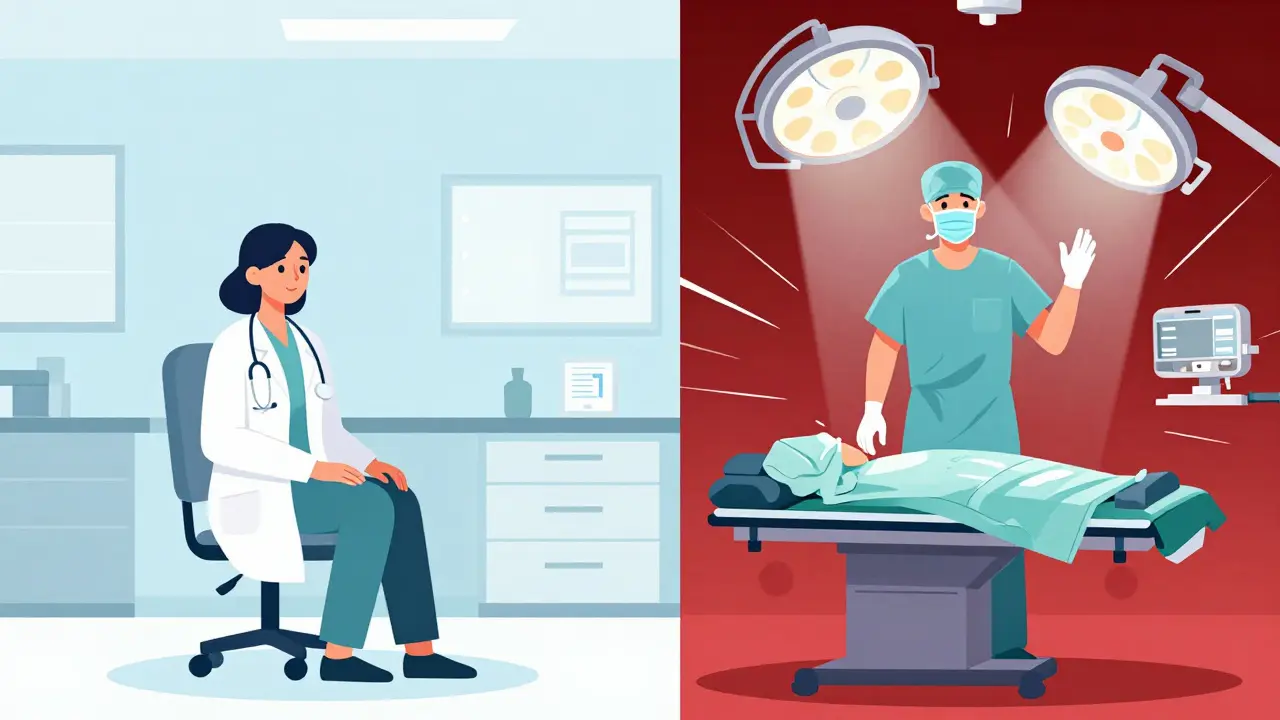 Ilustrace porovnávající klidnou praxi obecného lékaře s intenzivní prací neurochirurga.