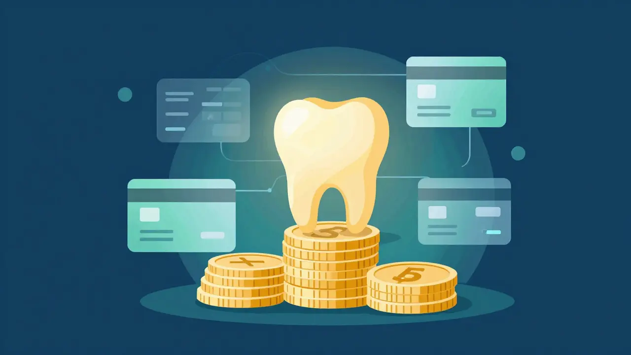 Koncept financování zubů s mincemi a digitálními ikonami.