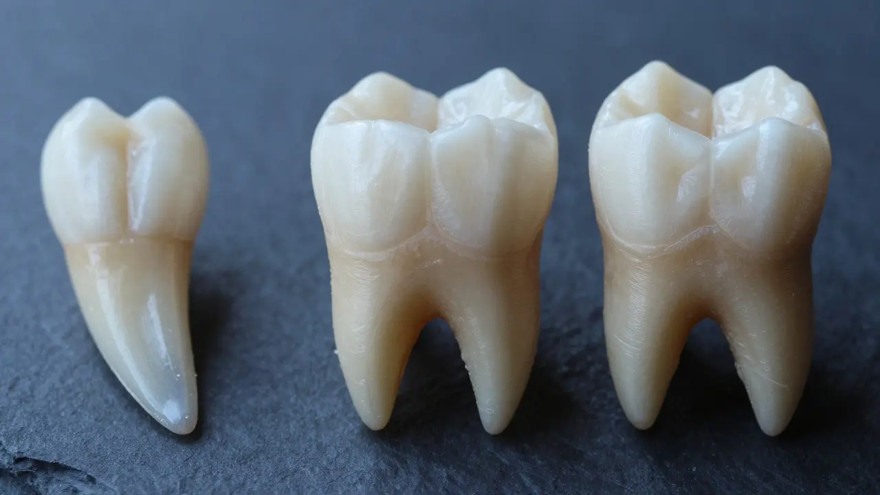Makro záběr na řezák, špiňák a stoličku ukazující jejich tvar