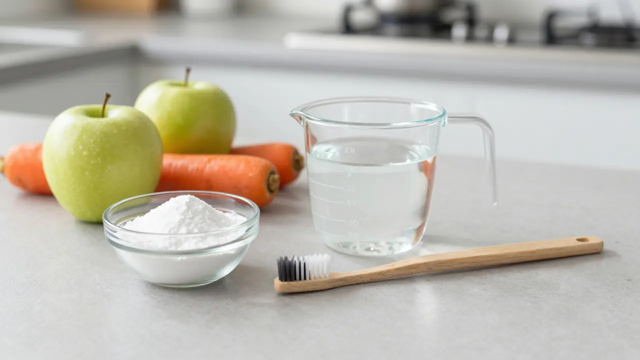Soda bikarbona, peroxid vodíku a zelenina jako přírodní pomůcky pro bělení.