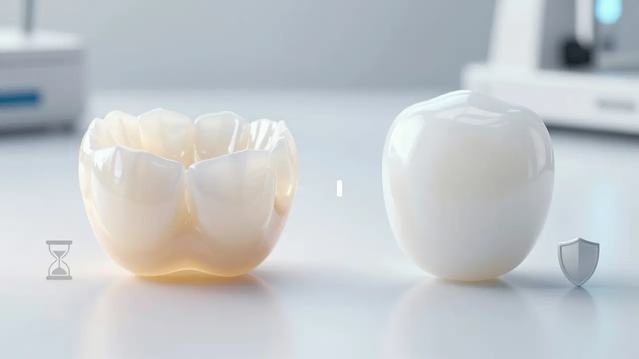 Srovnání materiálu: průsvitný porcelán a kompozit