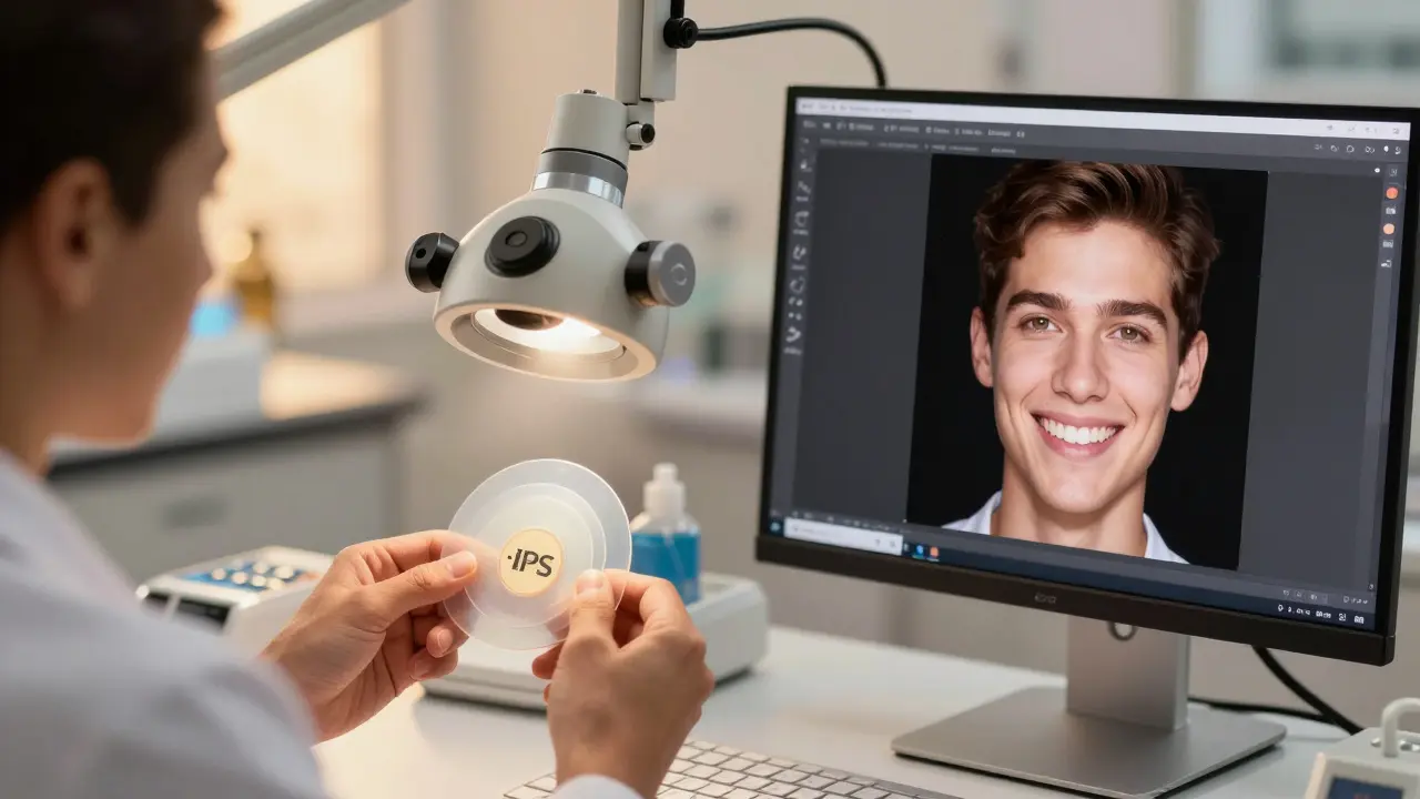 Technik vytváří keramickou fazetu vedle digitálního návrhu