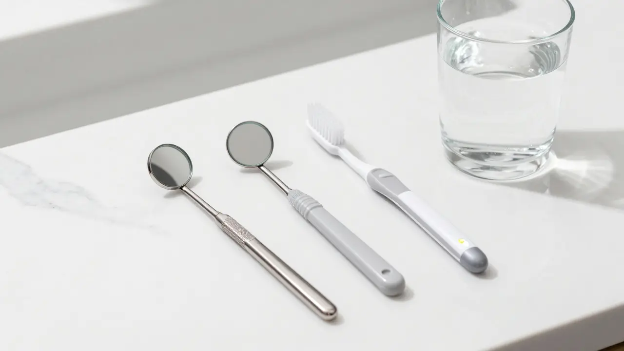 Tři typy dentálních zrcátek na čistém pultu