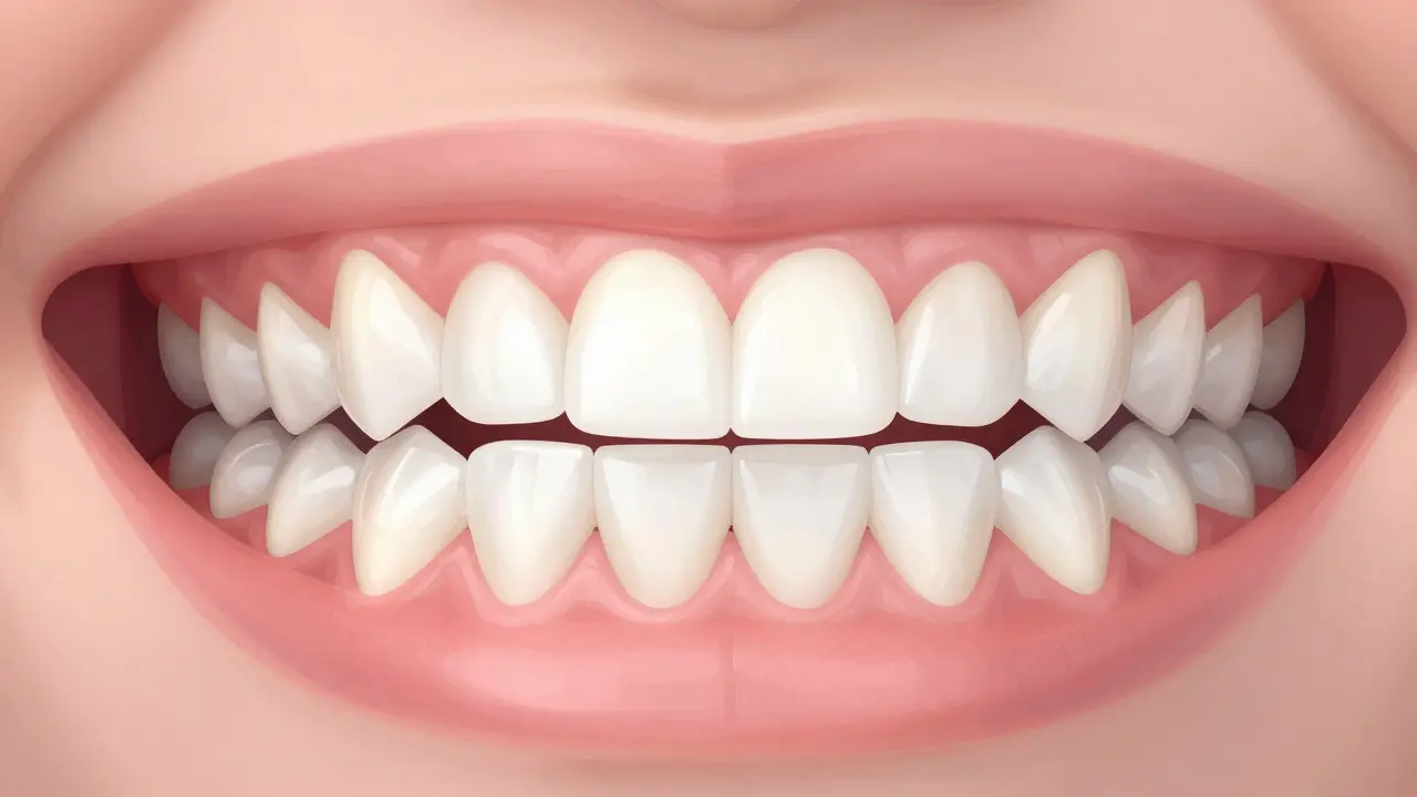 Umělecké zobrazení zdravých dásní a lesklých zubů s důrazem na hygienu