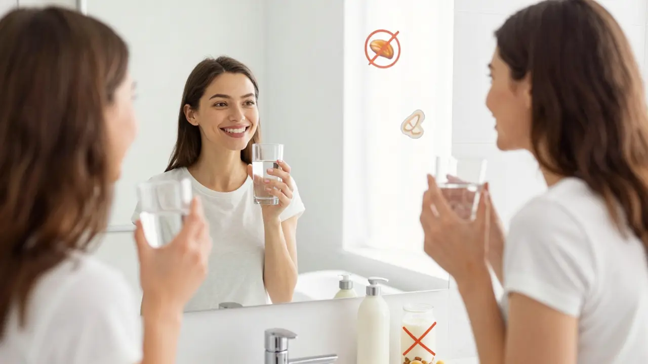 Žena cvičí úsměv před zrcadlem s poharem vody a zdravou stravou.