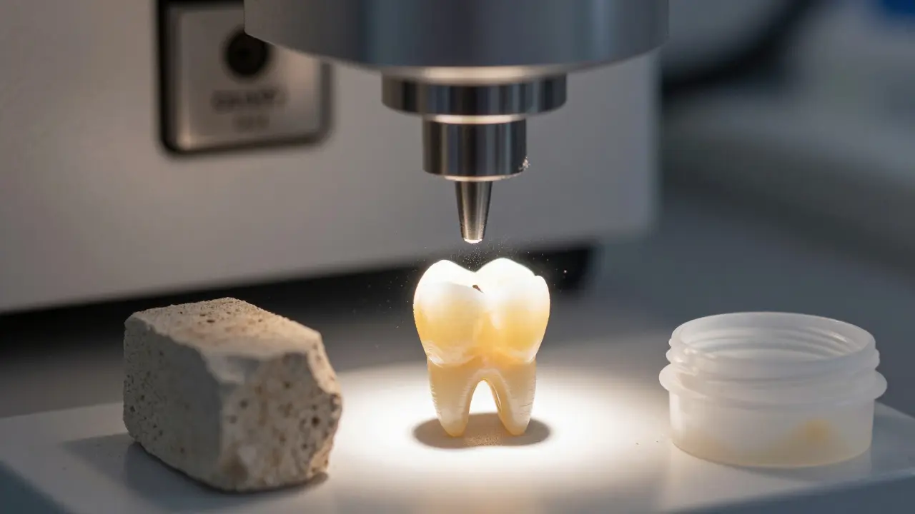 Detail keramické korunky a bloku zirkonia v laboratoři