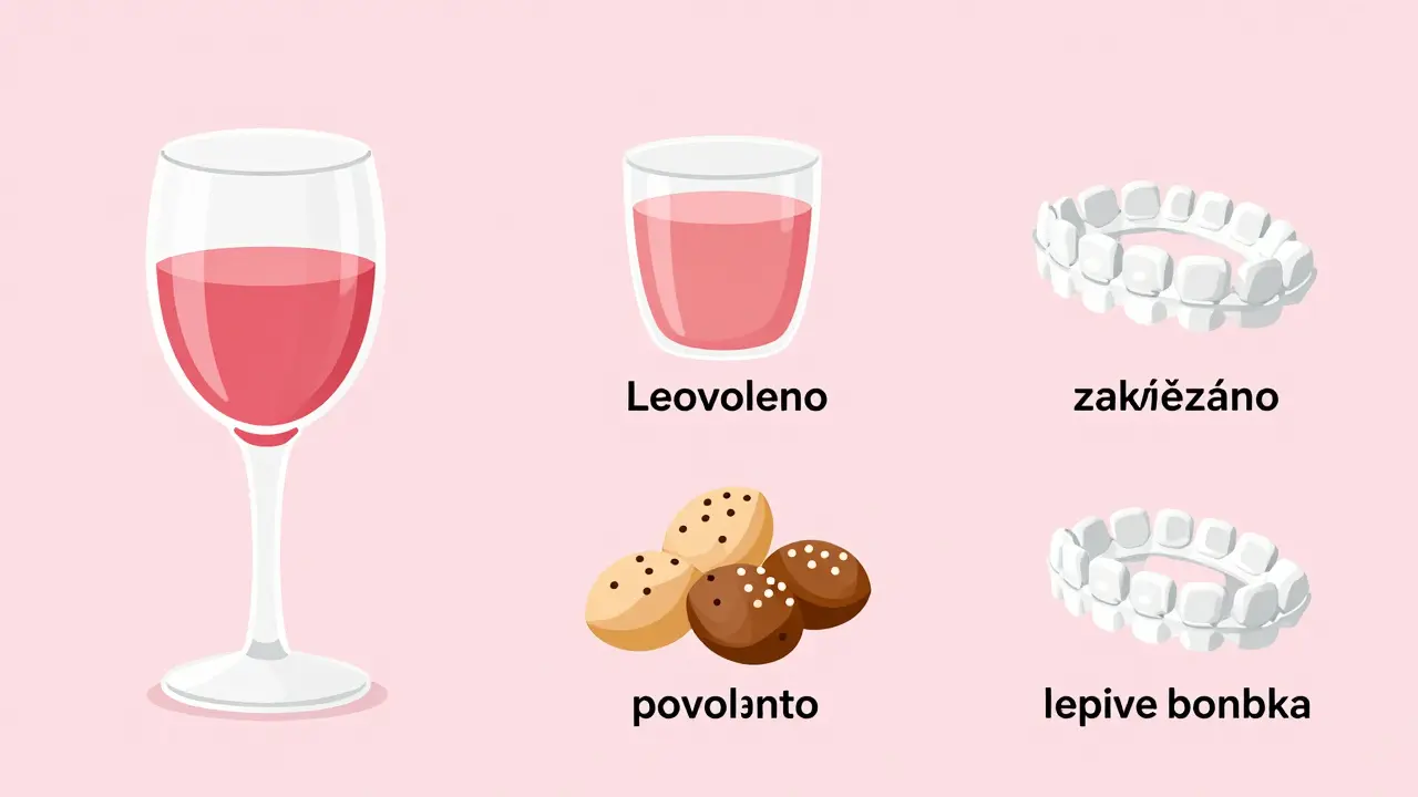 Grafické znázornění potravin a nápojů, které mohou poškodit nebo zabarvit průhledná rovnátka, jako jsou káva, víno a ořechy.