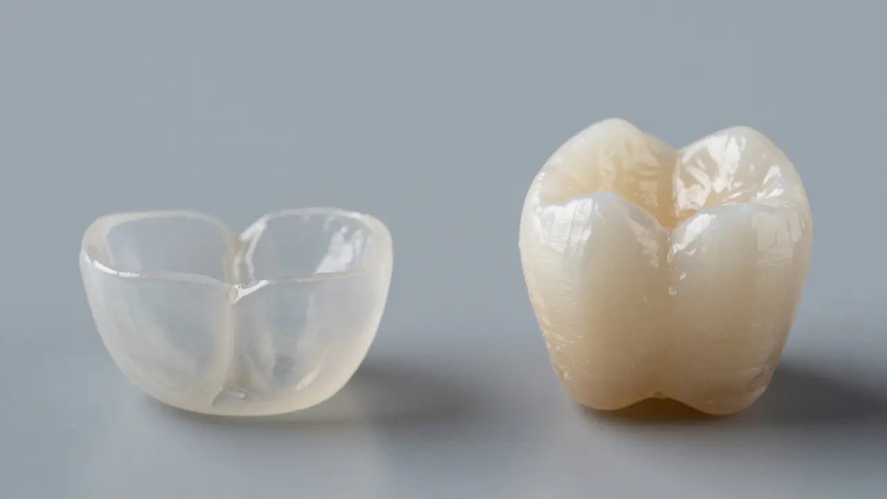 Porovnání tenké keramické fazety a pevné celokeramické korunky na zubním implantátu.