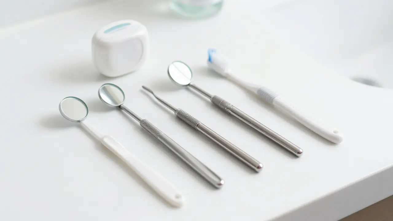 Různé typy dentálních zrcátek vedle zubního kartáčku na čistém povrchu