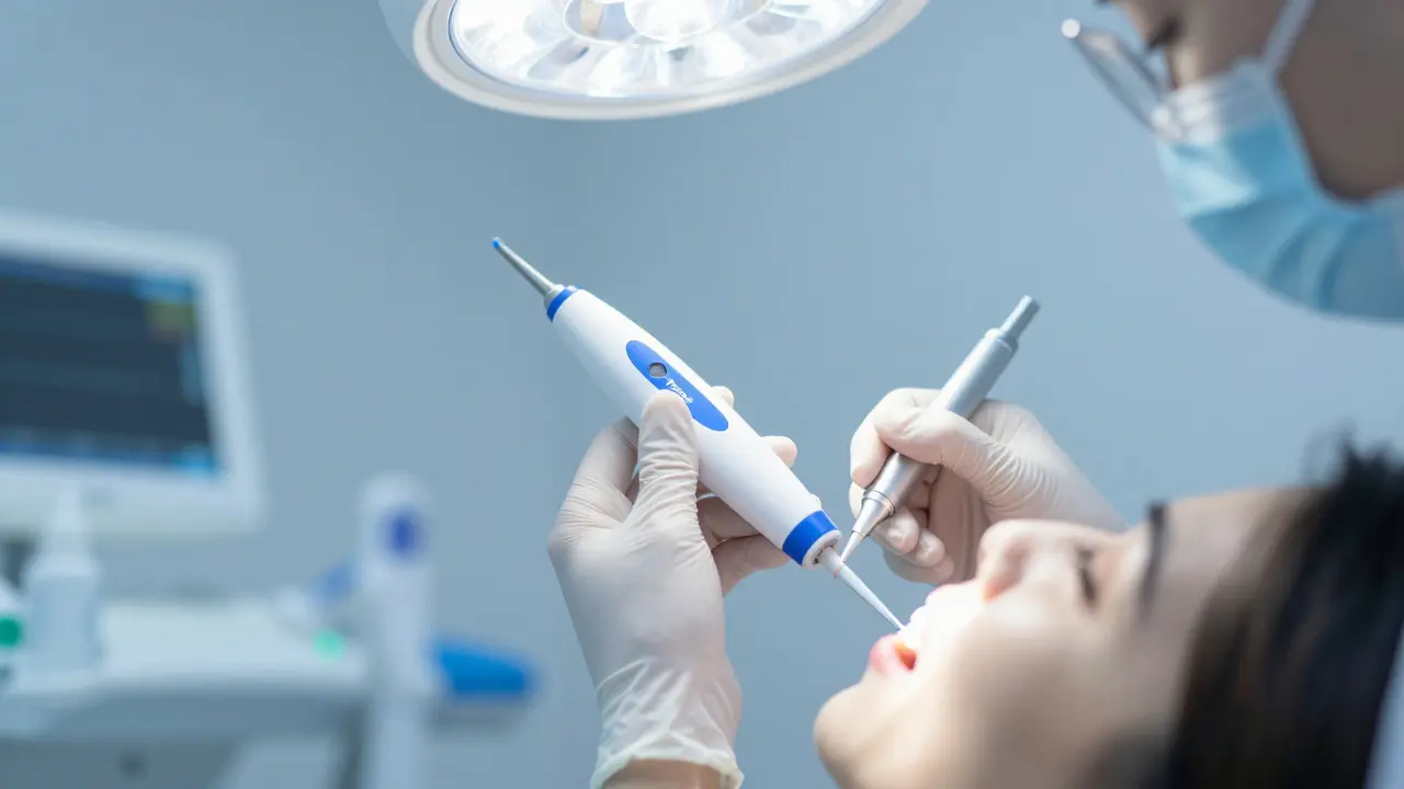 Stomatolog provádí test citlivosti zubu na chlad