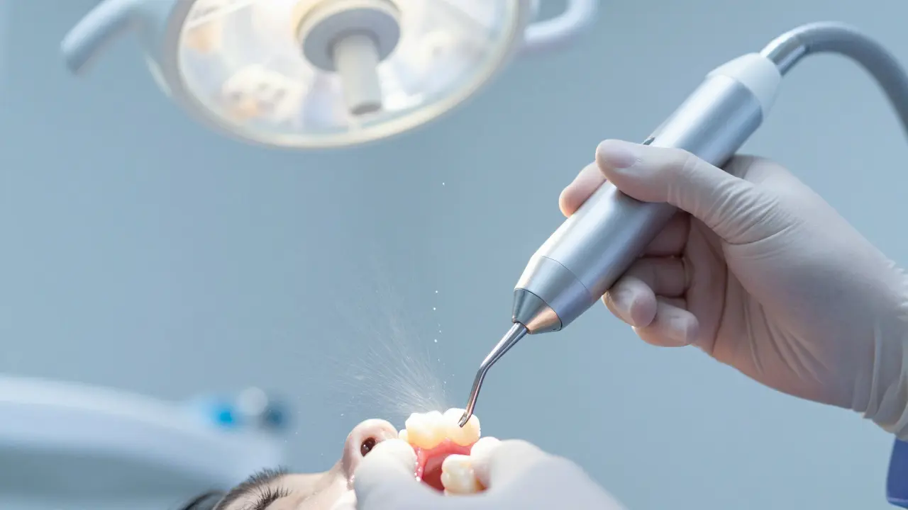 Zubní hygienista odstraňuje zubní kámen pomocí ultrazvukového scalera