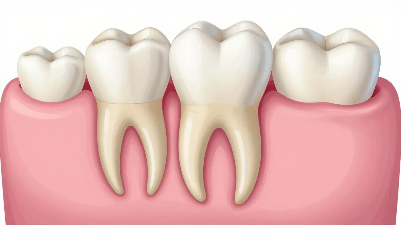 Anatomický řez ukazující kořeny mléčného zuba a trvalý zub