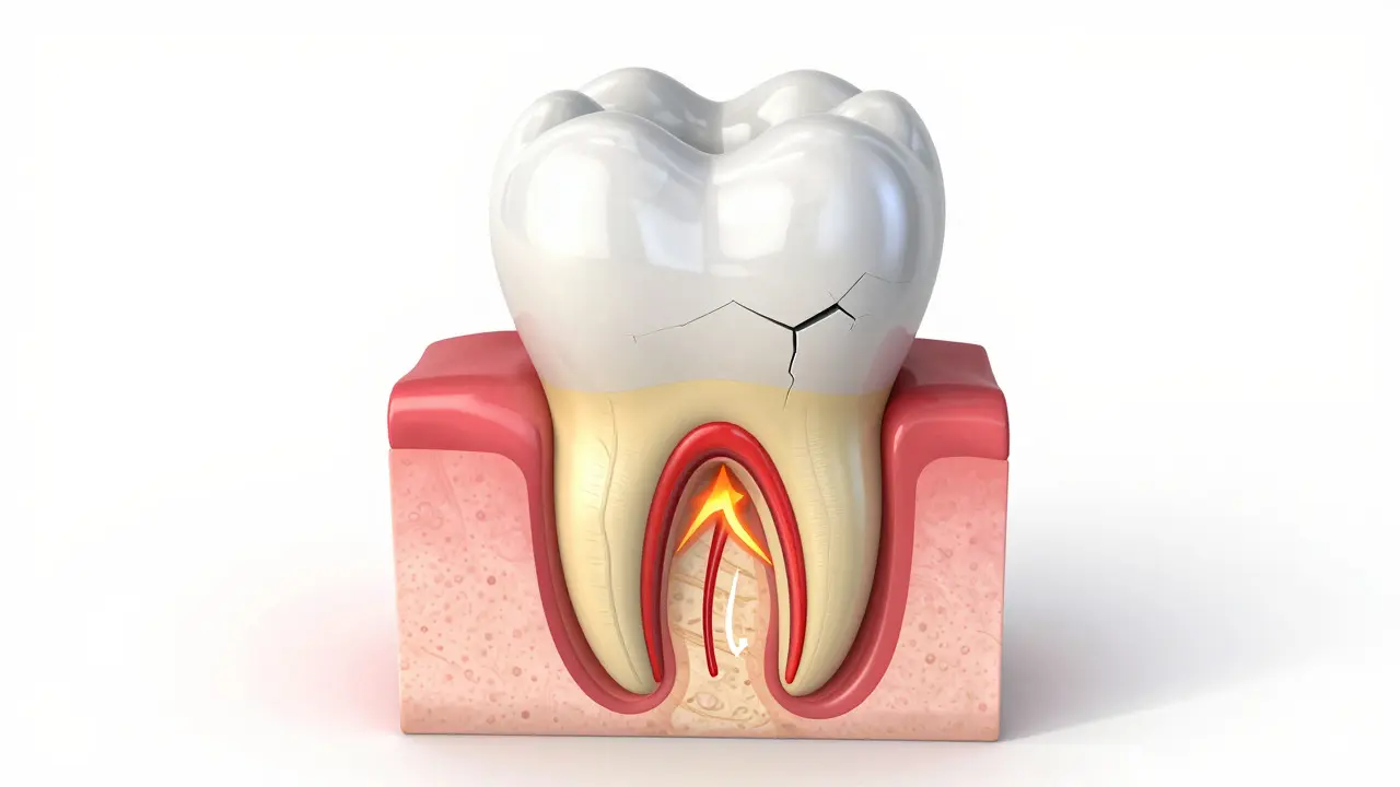 Anatomický řez zubem ukazující citlivý nerv