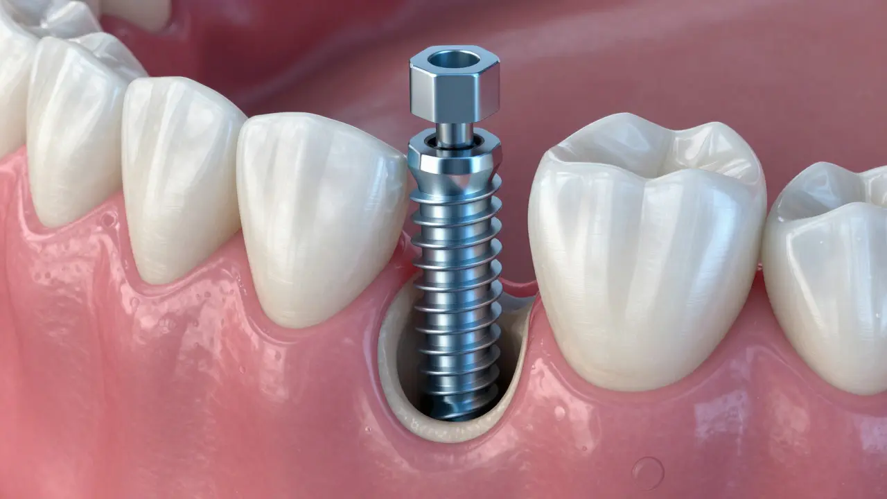Detailní pohled na zubní implantát zasazený v kosti