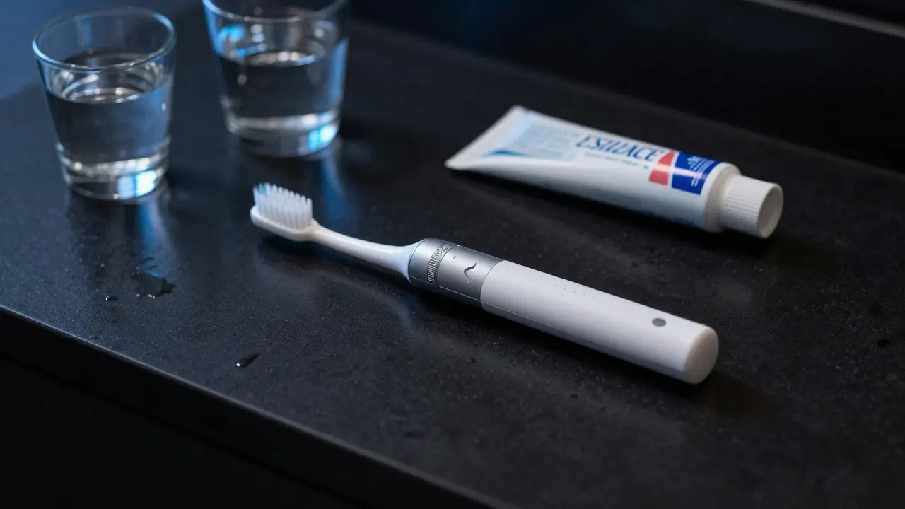 Elegantní sonický kartáček na černém povrchu s důrazem na jemné štětiny