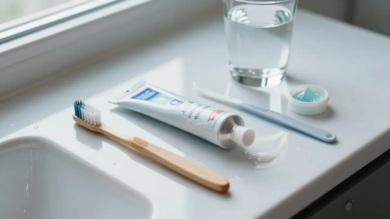 Hygienické potřeby pro péči o rovnátka na čistém povrchu
