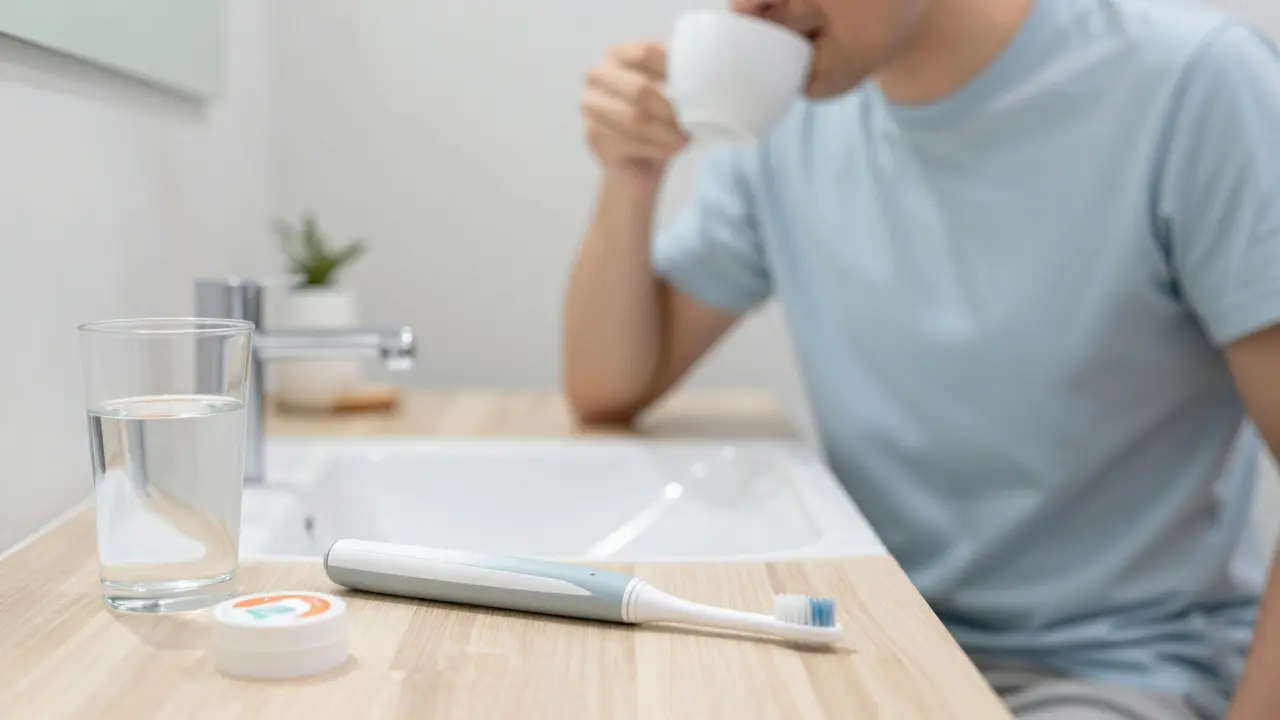 Hygienické potřeby pro údržbu bílých zubů na umyvadle
