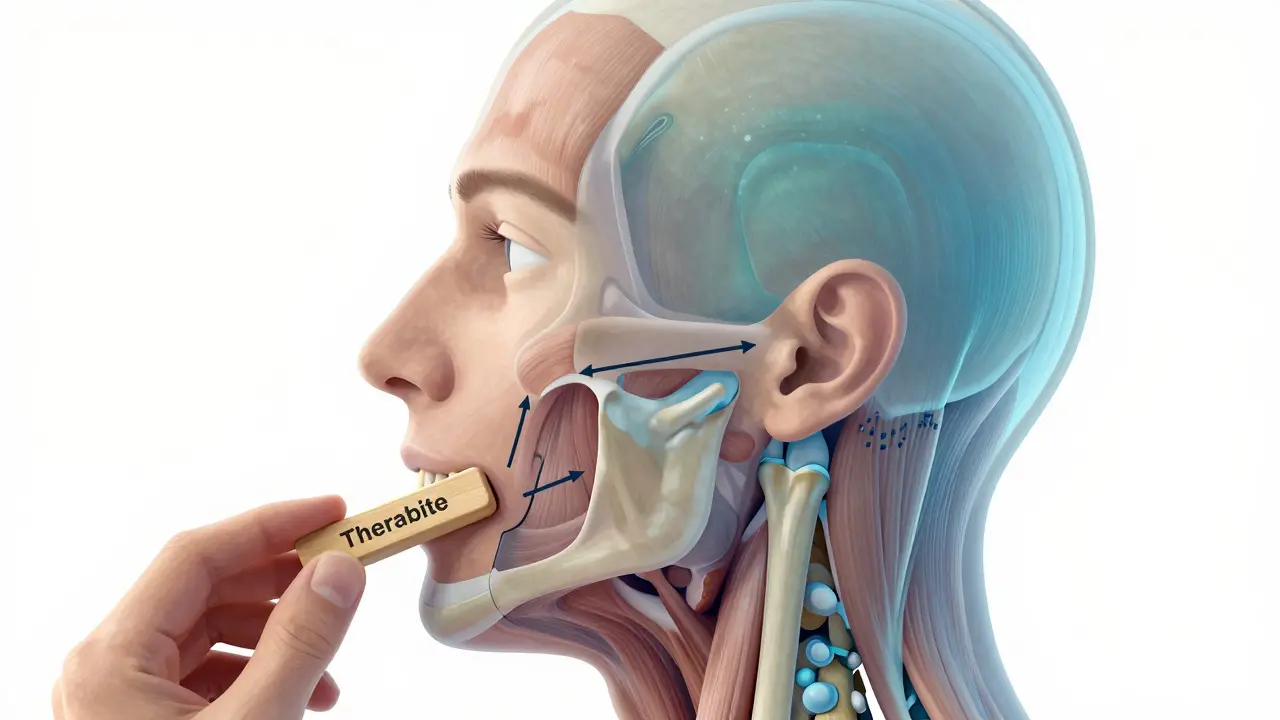 Ilustrace rehabilitace čelistního kloubu pomocí cvičební pomůcky