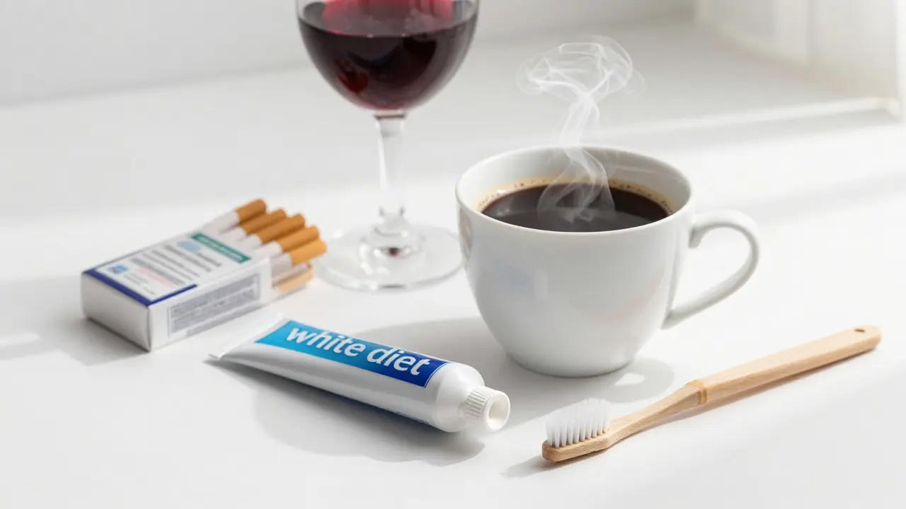 Káva, víno a cigarety vedle zubní pasty a špejle na pití