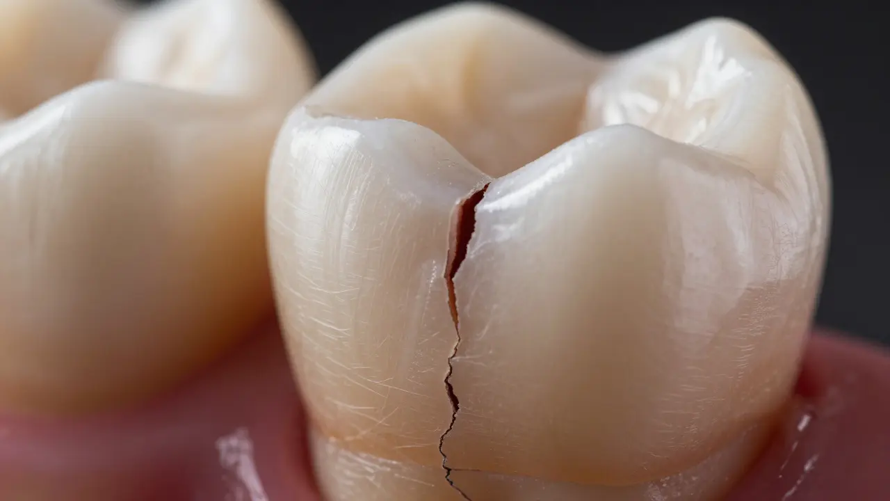 Makro záběr na prasklý molár s viditelnou trhlinou v emailu a dentinu