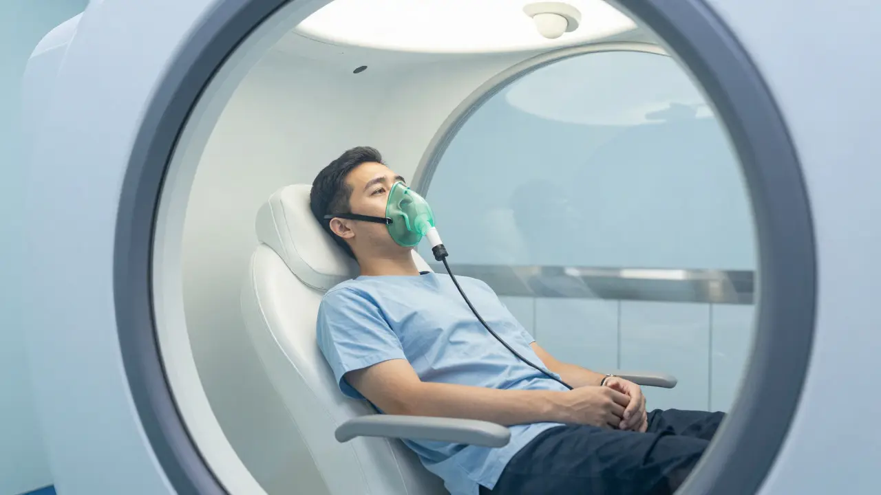 Pacient v komoře pro hyperbarickou oxygenoterapii před operací implantátů