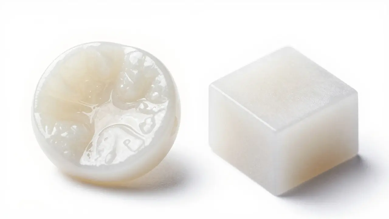 Srovnání materiálů: lesklá porcelánová destička vedle kompozitní hmoty