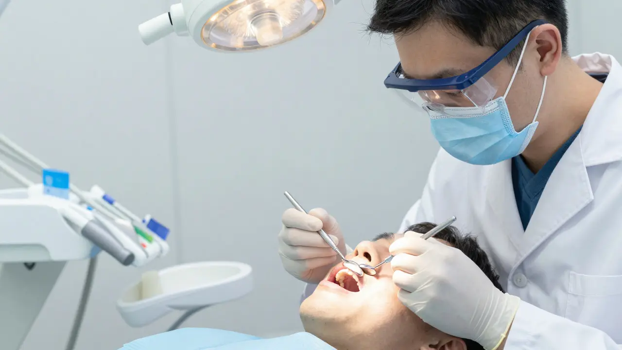 Zubní lékař vyšetřuje pacienta v moderní klinice